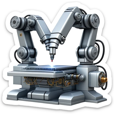 An icon featuring a giant robotic machine welding a large microchip with a laser, using two robotic arms. The design includes circuit boards, gears, and technical schematics, symbolizing advanced engineering and automation. Transparent background highlights the fusion of technology sticker