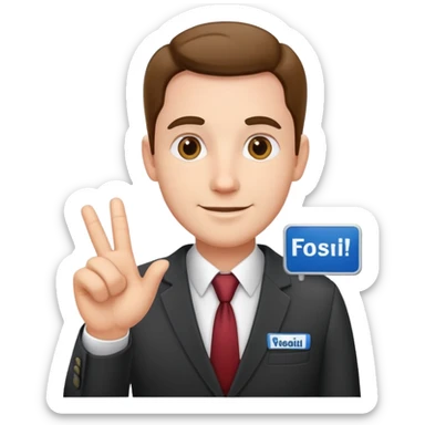 friendly salesman with a name tag, open hand gesture, business attire sticker