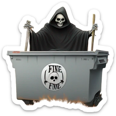 Grim Reaper sitting on a dumpster that's on fire, the dumpster has a sign on it that says Everything Is Fine sticker