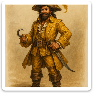 a pirate in a golden uniform and a hat with a golden feather, detailed, expressive, full body sticker