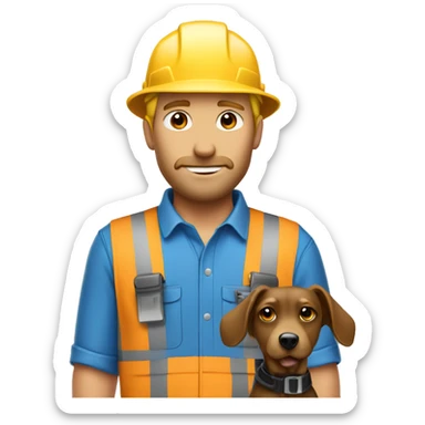 Blonde male Construction worker wearing a hat and blue work wear with small black and brown curly dog  sticker