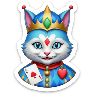 crazy colorful cute little cat jolly joker from poker, medieval, vintage, court jester, mac os icon, blue color, holds an ace poker card (clearly detailed and precise) sticker