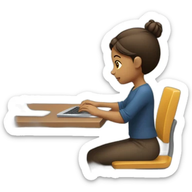 a girl seating in front of her desk, typing on a laptop side view sticker