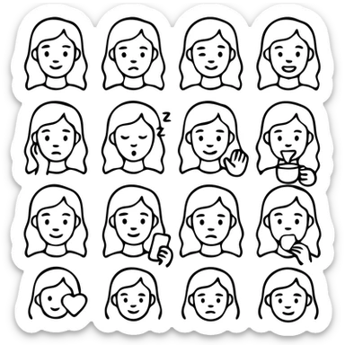 A set of emojis for a Telegram channel called 'Рыжая Начинка' featuring a red-haired girl with various expressions and activities, in the style of black and white outlined icons. sticker