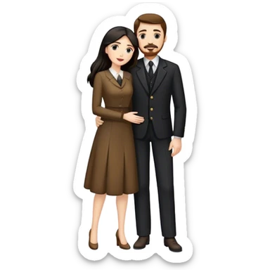 tall white man with brown hair goatee mustache embracing a pale woman with long black hair, wearing elegant clothing sticker