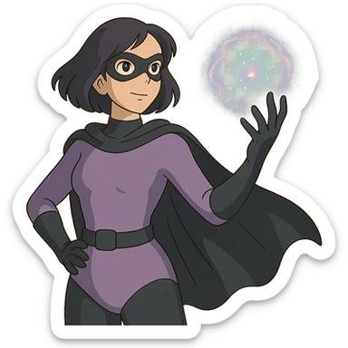 ghibli style superhero woman with soft purple and black costume, magical aura around her hand sticker
