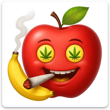 Add a cartoon joint with smoke to the smiley face made of apples as eyes and a banana as the mouth. Make it look like the face is smoking weed, keep the emoji style. sticker