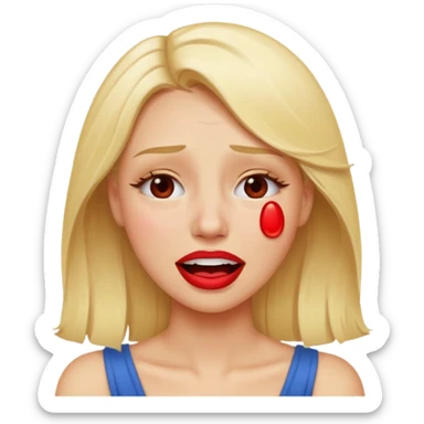blonde having crying emoji tears from hard laughter. really happy in general, happy eyes. red lipstick sticker