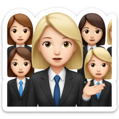 a girl in a suit tells a group of people something sticker