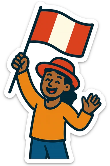 persona alegre ondeando la bandera peruana, estilo vibrante sticker