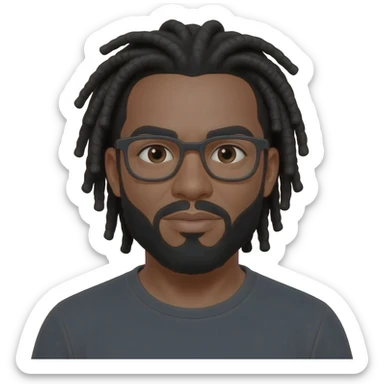African American guy with black shoulder length dreads wearing glasses with separate beard and mustache sticker
