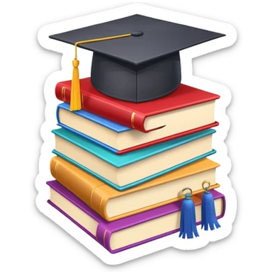 stack of colorful books with a graduation cap on top sticker