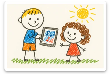 A 6-year-old boy playing music on his iPad for his 4-year-old sister with brown curly hair, in children's doodle style sticker