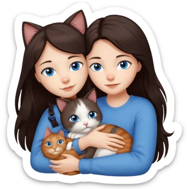 a girl with long dark 
brown hair, with blue eyes, hugs 3 different natural coloured cats sticker