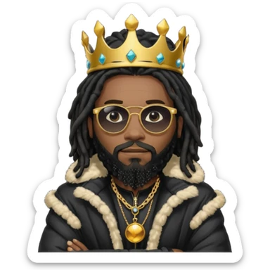African American man with shoulder length black dreadlocks with black beard wearing  dark black sunglasses with a black bubble winter coat wearing a crown with arms folded sticker