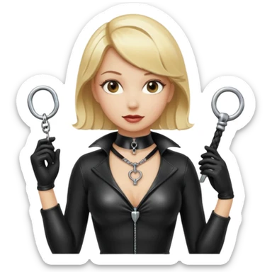 Dominatrix with blonde hair, latex outfit, old fashioned key necklace, and a whip sticker