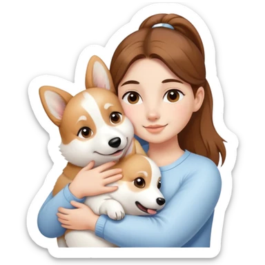 Girl with brown hair in a ponytail hugs a white corgi sticker
