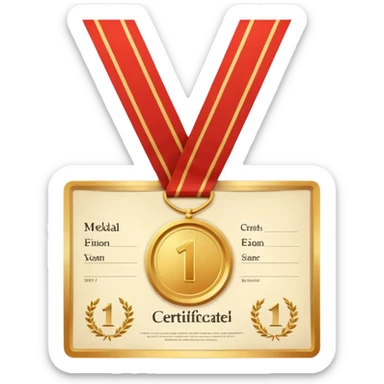 Medalla con número uno, y detrás un certificado sticker