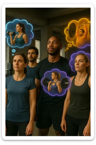 Enhance the same scene with even more emphasis on the visual effects of the thought clouds: make the clouds brighter, more colorful, and dynamic, with details suggesting energy and motivation. Maintain a realistic and cinematic style, aspect ratio 2:3. sticker