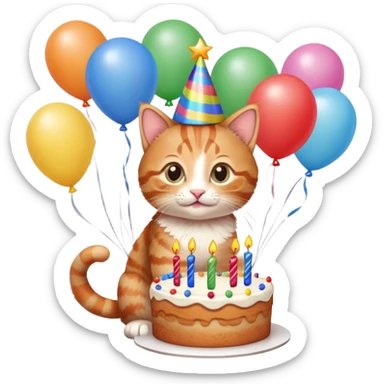 Ginger tabby kitten celebrates birthday, birthday hat, birthday cake, balloons, happy, gifts sticker