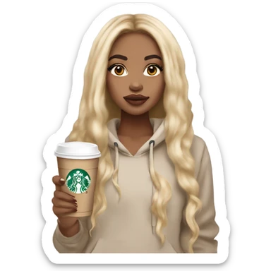 Light skin girl with long blonde hair extensions with big lips and lashes with a Starbucks in her hand and a beige hoodie on sticker