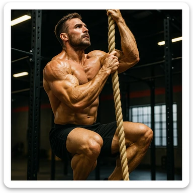 realistic 4K image of a crossfit athlete training rope climb exercise, prominent muscles, vertical movement, vivid colors, intense atmosphere, modern gym background sticker