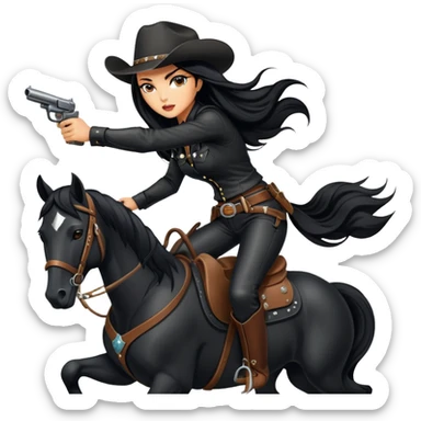 badass confident hot tanned woman with long black hair cowgirl style wearing black leather outfit with gun riding horse in action pose sticker