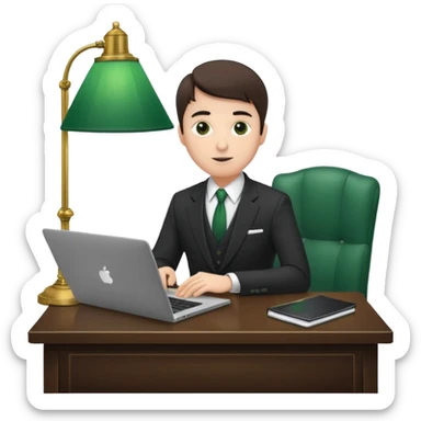 Mach mir einen Trader mit Anzug der mit seinem Laptop am schreibtisch sitzt mit so einer alten grünenlampenschirm lampe sticker