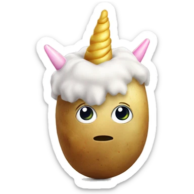 A potato wearing a unicorn horn sticker
