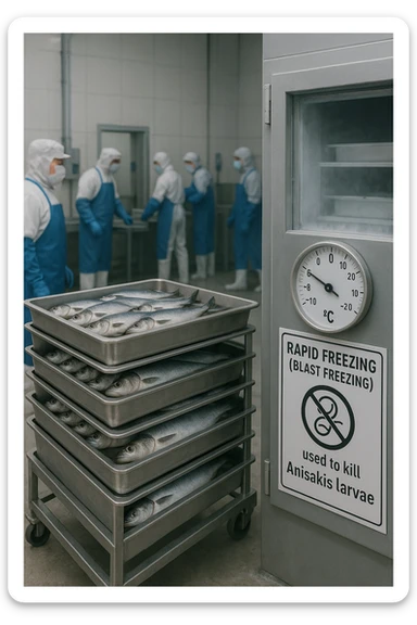 a fish processing facility where freshly caught fish are placed on trays and moved into a large industrial freezer. A temperature gauge shows -20°C, and an educational label explains that rapid freezing (abbattimento) is used to kill Anisakis larvae. The background includes workers in protective clothing and clear signage about food safety. in italiano sticker