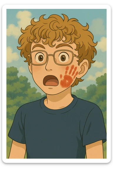 Make the boy look more like the reference photo with curly light brown hair, glasses, fair skin, and similar facial features in a ghibli style. Show him surprised with a red handprint on his cheek. sticker