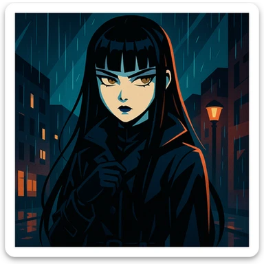 gothic shoujo anime girl named EchoMoon, long black hair, sharp bangs, pale skin, amber green eyes, cold expression, dark raincoat, gloves, standing in rainy urban setting, dramatic lighting, ultra-detailed, moody, dark palette sticker