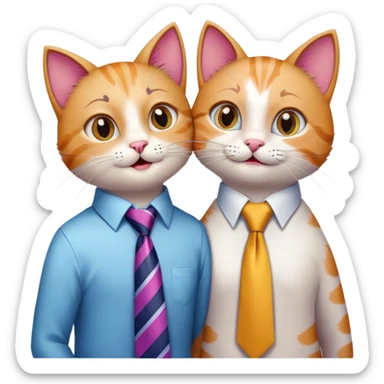 happy girl cat with eyelashes wearing a colorful necktie and happy boy cat wearing a professional necktie standing together and holding paws, both with loving expressions sticker