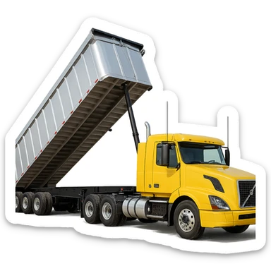 long silver end dump trailer hooked to a Volvo yellow semi sleeper truck, trailer in dump position, photorealistic style, crisp details sticker