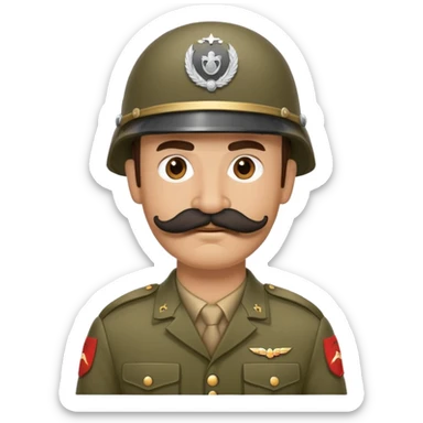 Soldier with thick handlebar mustache wearing a military helmet sticker