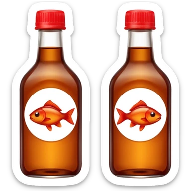 small glass or plastic bottle of fish sauce filled with amber-brown translucent liquid, simple clean shape, narrow neck, red or neutral cap, no label or branding, glossy fluid sauce with slightly oily sheen, soft lighting, subtle shadows, transparent background, emoji scale sticker