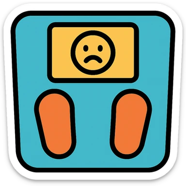 colorful icon of a bathroom scale with a frowning emoji on the screen sticker