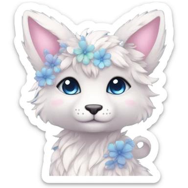 Anthro Cute Cool Pastel Kawaii gorgeous sparkly ethereal fantasy animal creature with blue eyes furry sona with flowers and ribbons beautiful aesthetic sticker