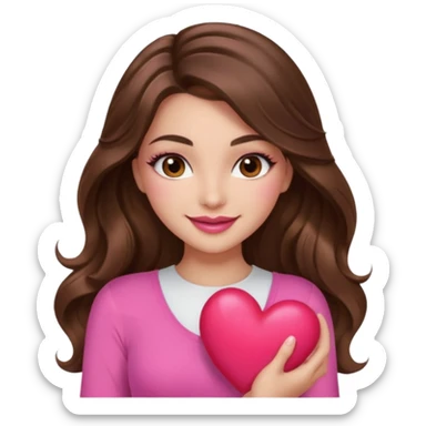 girl with long wavy brown hair, brown eyes, long lashes makeup, sexy pink lips, light to medium complexion, wearing a pink sexy top, smiling, holding a big heart sticker