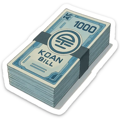 a neat bound stack of blue-and-white banknotes, koan bills , 90s futuristic, the band is dark gray sticker