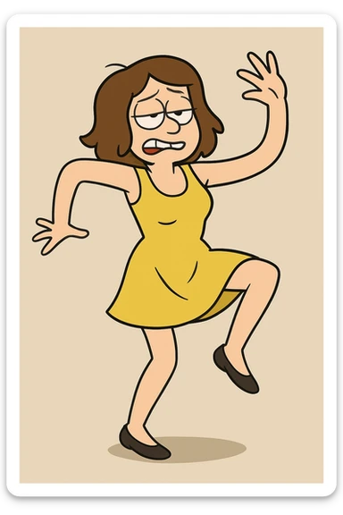 Change the dress to yellow, keep the woman with clumsy dance moves in the same style and pose. sticker