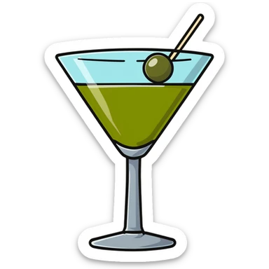 martini glass with crystal clear transparent liquid and an olive at the bottom skewered by a toothpick sticker