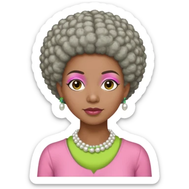 Brown woman with very short gray Afro  wearing pink and green outfit and pearl necklace  sticker