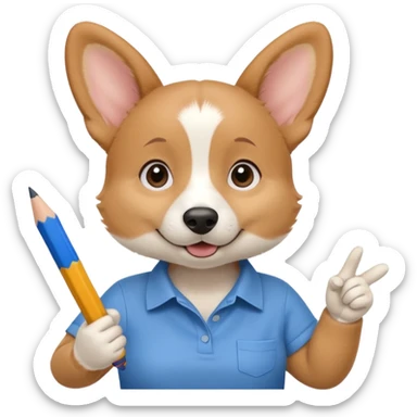 perrita caricatura gorgi gales trabajadora con camiseta celeste apuntando con un lapiz hacia el costado izquierdo sticker