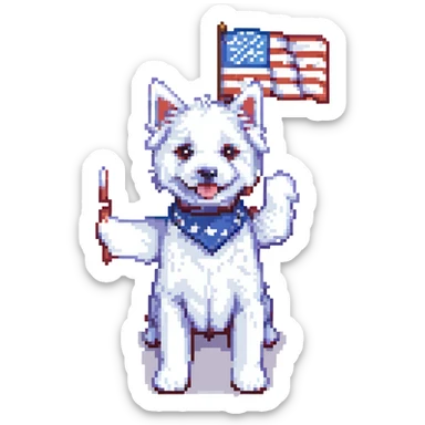 white Westie dog joyfully waving a United States flag, pixel art style sticker