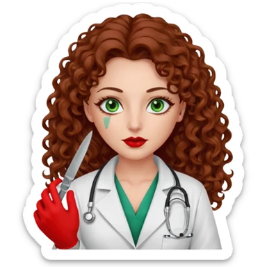 Lilith scalpel sexy evil woman. She has green eyes.  had brown long curly hair.  evil surgeon kills holding scalpel.  wears sexy doctor coat with red gloves. Covers nose, neck  and mouth with Muslim red berka sticker