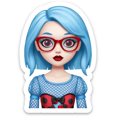Ghoulia yelps monster high doll in scene/emo style cherry print dress with fishnet sleeves, clothes, thin, small, red, rectangle glasses, pale white-blue skin sticker