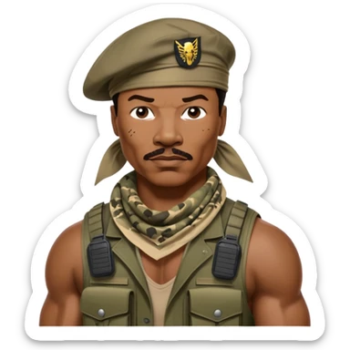 Carl Weathers as Dillon from Predator movie, muscular man in military gear with bandana sticker