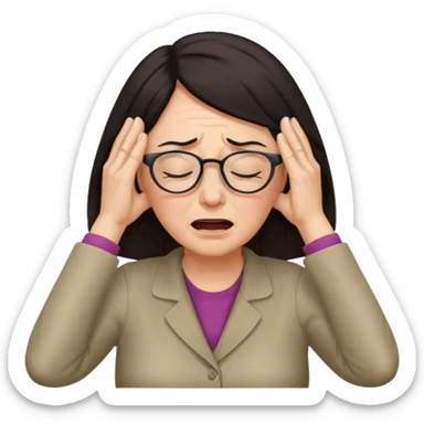 middle aged woman with dark hair and glasses covering her ears, wincing in pain because the sound is terribly loud and hurting her ears sticker