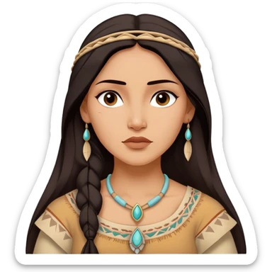 Cinematic Timeless Pocahontas Portrait Emoji, rendered in a realistic, vector style. Depict Pocahontas with warm, glowing skin, naturally flowing dark hair, and a serene, gentle expression, wearing traditional garments in muted earth tones. The design features bold, clean proportions, a soft, inviting glow, and a subtle glowing outline that captures her enduring natural beauty. sticker
